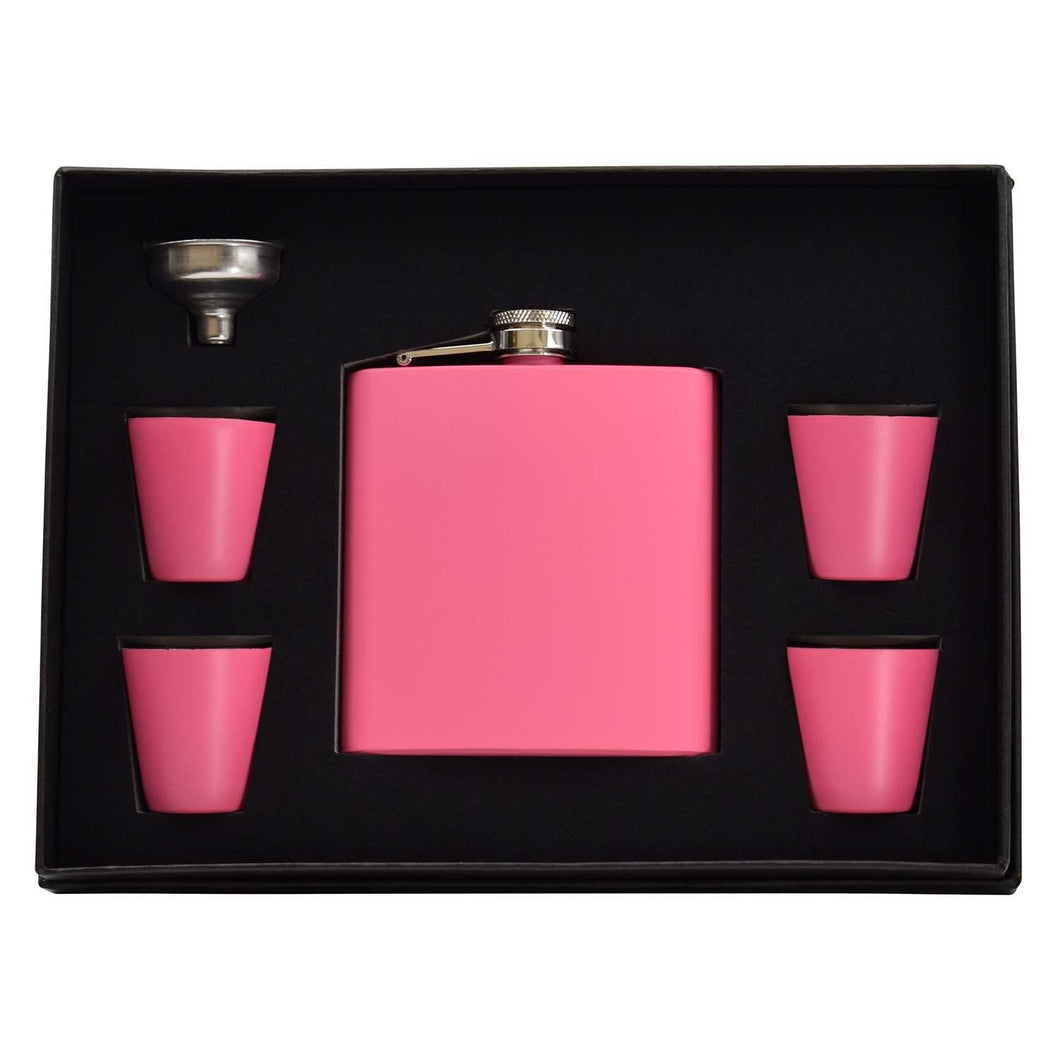 6oz Matte Pink Hip Flask Gift Set - Engrave.ie